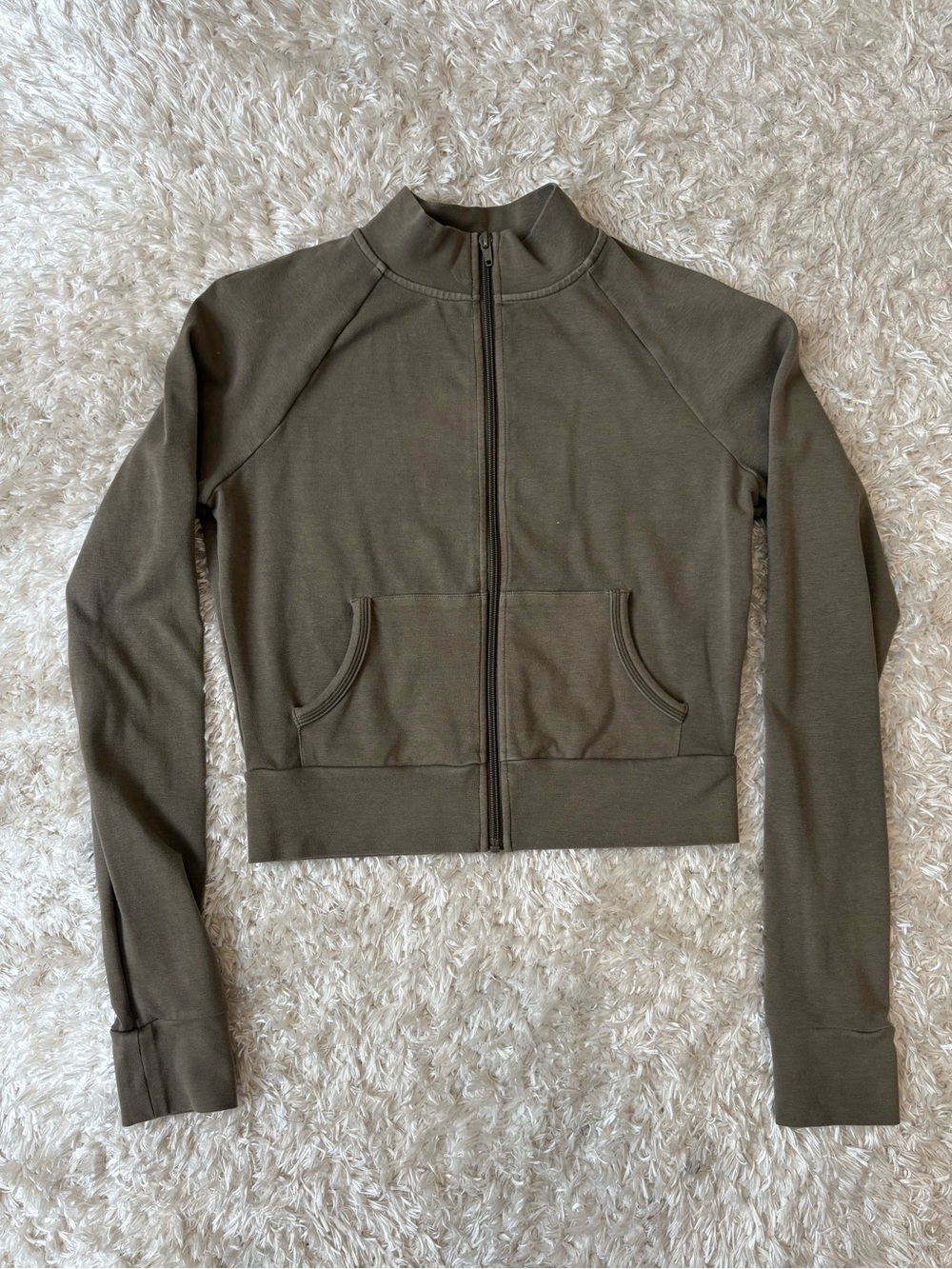 SKIMS Olive Army Green Cropped Full Zip Track Jacket, Washed Look